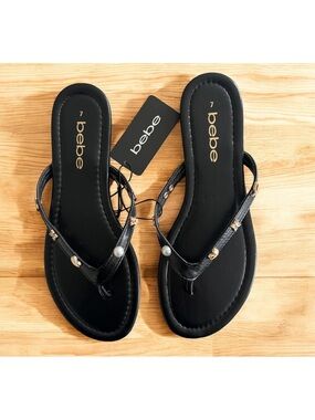 bebe Black Embellished T-Strap Sandals